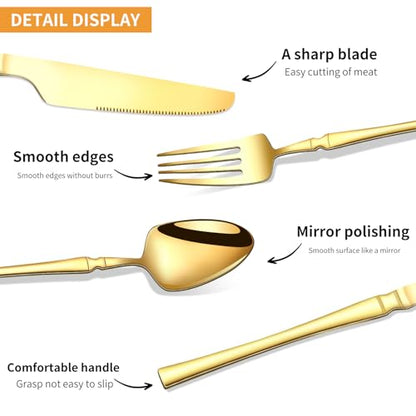 24-Piece Gold Silverware Set with Steak Knives Spoons and Forks for 6, Stainless Steel Flatware Cutlery Eating Utensils Sets,Polished Tableware for Home Kitchen Restaurant Wedding