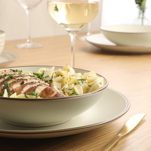 Gibson Home Chiswick House 16-Piece Stoneware Dinnerware Set, Round Plates and Bowls Set for 4, White with Wax Relief Embossed Rim Detail, Dishwasher Safe – Dinner Plate, Salad Plate & Cereal Bowl - color: White w/ Wax Relief Embossed Rim (Chiswick House)