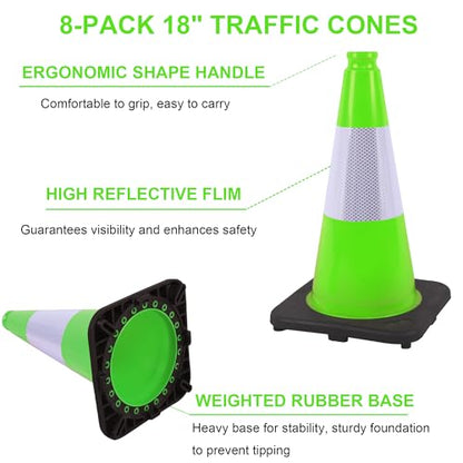 OrangeStar 18" Heavy Duty Traffic Cones 8-Pack Green Safety Cones - color: Green, size: 18in