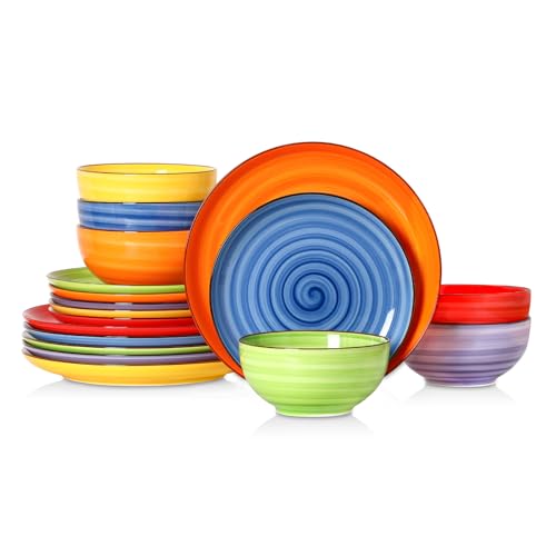 Selamica Ceramic Plates and Bowls Sets,18 Pieces Dinnerware Sets for 6,Dishwasher & Microwave Safe dish set,Family & Holiday Dining, Dopamine - color: Dopamine, size: Service for 6 (18 Pcs)