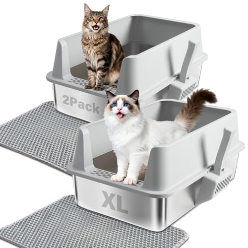 2PCS Stainless Steel Litter Box, XL Cat Litter Box for Big Cat - color: 2PCS XL-lid box