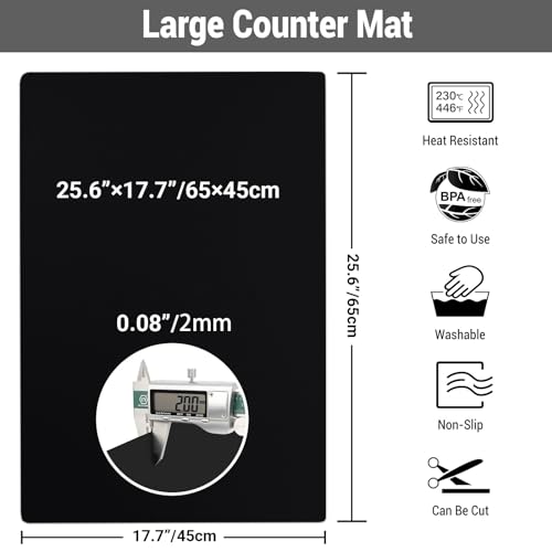 Ewen 25.6x17.7in Large Silicone Kitchen Counter Mat, 2mm Thick Heat Resistant Countertop Protector, Baking Silicone Mat under Air Fryer Toaster Oven Microwave Coffee Maker Cutting Board Drill Black - color: Black, size: 25.6"L x 17.5"W