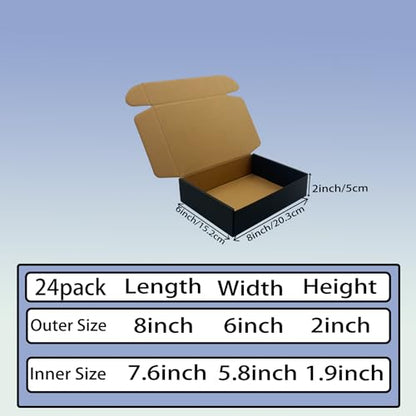 24 Pack 8x6x2 inches Black Shipping Boxes, Corrugated Cardboard Mailer Box - size: 8x6x2 Inches