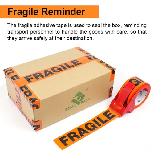 BOMEI PACK 6 Pack Fragile Tape 2 Inch x 60Yards, Fragiles Tape Handle with Care for Shipping with Dispenser, Heavy Duty Marking Tape for Moving Box (360 Yards Total)
