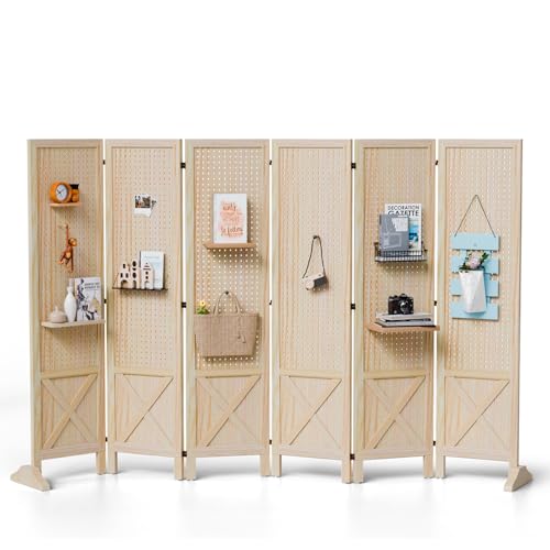 VINGLI Freestanding Pegboard with Support Feet, 5 FT Wood Room Divider Display Board Organizer, Folding Privacy Screen Partition Space Separator for Craft Shows Events Retail (Natural, 6 Panel) - color: Natural, size: 6 Panel