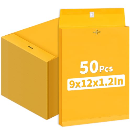 50 Pack 9x12 In Expanding Manila Envelopes with Reusable Clasp and Gummed Seal 180 GSM Heavyweight 1.2'' Expansion Yellow Envelope Folder 8.5 x 11 Letter Size for Home School Office Filing Storage - size: 50pcs-9x12in