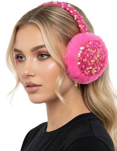 Funky Junque Women’s Winter Earmuffs - Cable Knit & Sequin - color: Sequin - Hot Pink