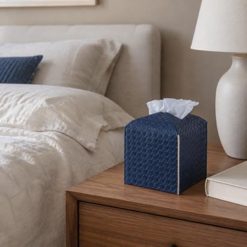 Tissue Box Cover Square Leather Facial Paper Holder, Navy Blue - color: Navy Blue, size: square