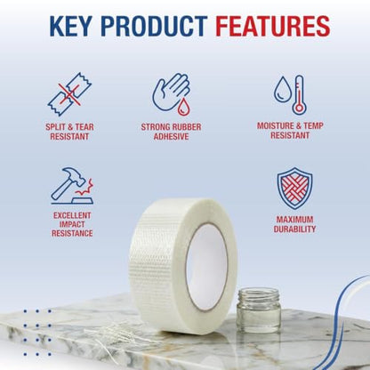 Filament Tape Bi-Directional Cross Weave, Fiberglass Reinforced Strapping Tape, Heavy Duty Industrial Packing & Palletizing, Strong Adhesive Shipping Tape 2" x 60 Yards - 3 Rolls