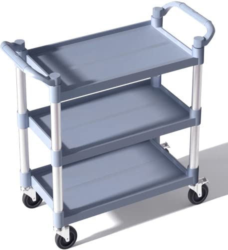 Plastic Utility Carts with Wheels, 3-Tier Medium Size Restaurant Food Cart, Heavy Duty 510lbs Capacity Rolling Service Cart w/Hammer for Commercial, Kitchen, Office (Lockable Wheels, M-Grey)