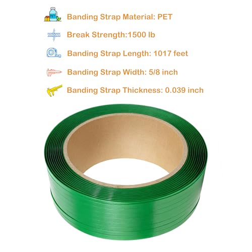 PET Packaging Banding Strapping Roll - 1017' x 5/8" Pallet Strap Coil - color: Green