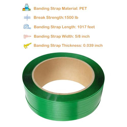 PET Packaging Banding Strapping Roll - 1017' x 5/8" Pallet Strap Coil - color: Green