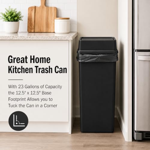 23 Gallon Black Square Plastic Kitchen Trash Can with Drop Lid - color: Black