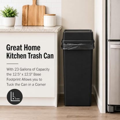 23 Gallon Black Square Plastic Kitchen Trash Can with Drop Lid - color: Black