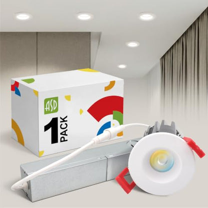 ASD 1 Inch LED Recessed Lighting with Junction Box, 5 CCT 2700K-5000K CRI 90+, 7W 120V 550 Lumens, Round Triac Dimmable Anti-Glare Downlight, IC Rated Downlights for Ceiling, ETL White
