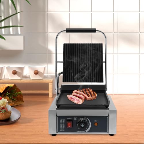 1800W Single Head Commercial Sandwich Maker, Electric Stainless Steel Panini Press Grill Machine, Non Stick Cooking Plate Countertop Sandwich Panini Griller for Restaurant Cafe Kitchen Use