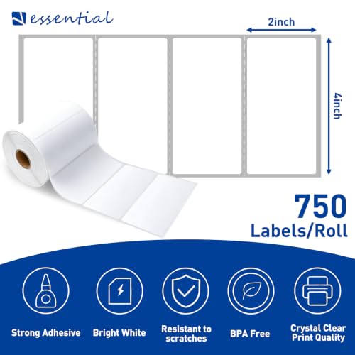 ESSENTIAL 4" x 2" Direct Thermal Labels,1" Core (750 Labels, 1 Roll) - size: 4"x2"