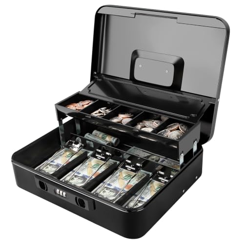 Jssmst Metal Cash Box with Money Tray and Lock, Portable Cash Drawer, 11.8" - color: Black Code-B