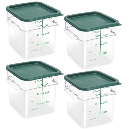 4 Pack Food Storage Containers with Green Lids, 4.0 Qt - Square, Clear, Polycarbonate, for Restaurant Commercial Kitchen and Home party - color: 4.0 Qt-Green Lids