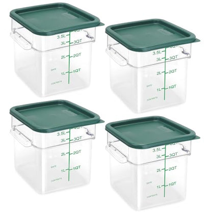 4 Pack Food Storage Containers with Green Lids, 4.0 Qt - Square, Clear, Polycarbonate, for Restaurant Commercial Kitchen and Home party - color: 4.0 Qt-Green Lids
