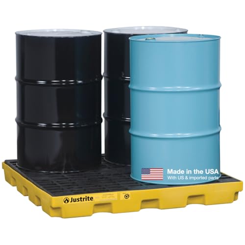 Justrite Low Profile 4 Drum Spill Containment Pallet Accumulation Center - 5.5" Tall - 49 Gal Capacity for 55 Gallon Drum Containment - Made in The USA from 30% Recycled Polyethylene - Yellow - 28656 - color: Yellow, style: 4 Drum
