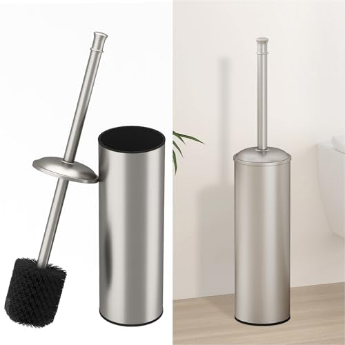 BESy Toilet Brush and Holder, Toilet Cleaner Bowl Set with Two Brush with Extra Long Handle, Durable Bristles Toilet Scrubber and Covered Holder, Drip-Proof Stainless Steel Brushed Nickel - color: Brushed Nickel