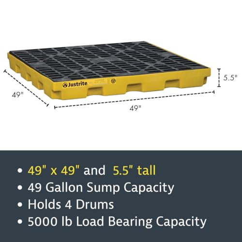 Justrite Low Profile 4 Drum Spill Containment Pallet Accumulation Center - 5.5" Tall - 49 Gal Capacity for 55 Gallon Drum Containment - Made in The USA from 30% Recycled Polyethylene - Yellow - 28656 - color: Yellow, style: 4 Drum