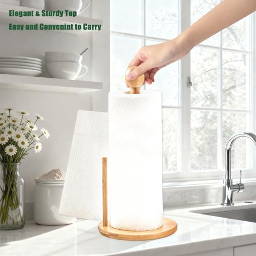 Bamboo and Wood Wooden Tissue Rack countertop, Kitchen and Dining Bathroom Vertical Round Ball Double Column Tissue Rack, Large Plate Stable Round Base, Suitable for Standard and Large tissues