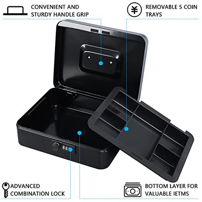 KYODOLED Large Cash Box with Combination Lock Safe Metal Money Box with Money Tray for Security Lock Box 9.84"x 7.87"x 3.54" Black - color: Black (Pack of 1), size: Large