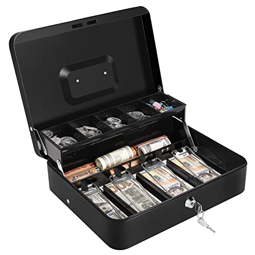Sumerfnt Cash Box with Money Tray and Lock Money Box for Cash, Metal Locking Cash Box - 11.8" x 9.4" x 3.54" Black - color: Black