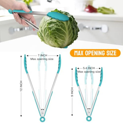 HOTEC Stainless Steel Kitchen Tongs with Silicone Tips, Set of 2-9" and 12" - color: Blue:12+9inch