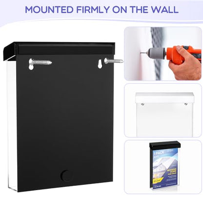 Thyle 1 Pcs 6 x 9 Inch Outdoor Brochure Holder with Lid Acrylic Wall Mount Literature Box with Self Closing Lid Waterproof Clear Heavy Duty with Screws for Flyer Document Pamphlet Display (Black) - color: Black