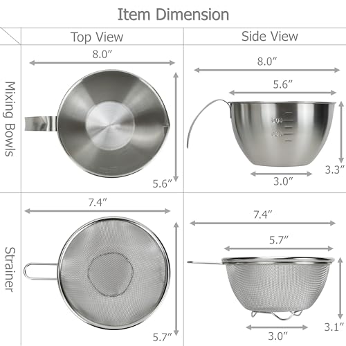 EIKS Stainless Steel Mixing Bowls with Colander Strainers, 1000ml/1-Quart
