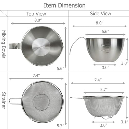 EIKS Stainless Steel Mixing Bowls with Colander Strainers, 1000ml/1-Quart