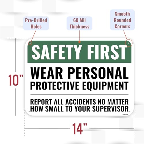 1PC Safety Sign, 14 x 10 Inches - Aluminum - Safety Decorations Posters For Workplace - Wear Personal Protective Equipment - color: Safety First Sign