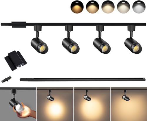 5 Color Zoomable 4-Light LED Track Lighting Kit with 3.3FT H Track Lighting Rail & Floating Canopy Connector, Modern Kitchen Track Lighting Fixtures Ceiling Spotlight, 12W Track Heads Black - color: Black, size: 4 Lights