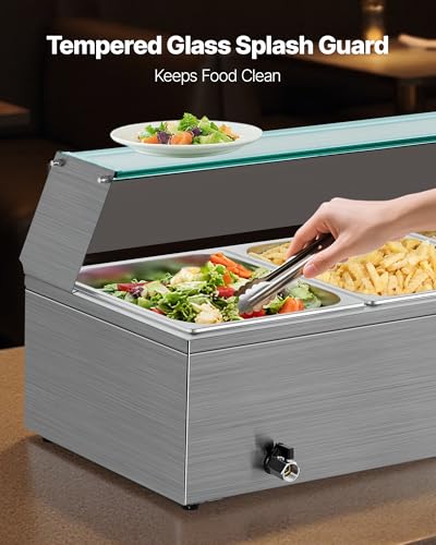 VEVOR Commercial Food Warmer, 1500W Electric Stainless Steel Steam Food Warmer with Glass Cover, 3-Pan Countertop Buffet Bain Marie with Soup & Perforated Ladles, for Catering, Restaurant & Party - size: 36.22 x 14.37 x 15.16 in