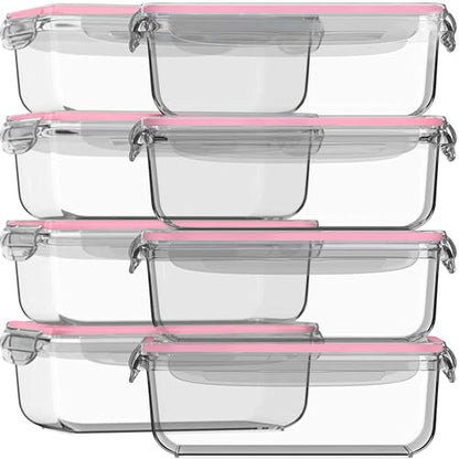 Razab 16 Pc (Set of 8) 30 Oz Glass Meal Prep Containers with Lids, Airtight Large Glass Food Storage Containers, Reusable Leak Proof BPA Free, Freezer to Oven and Dishwasher Safe - color: Pink