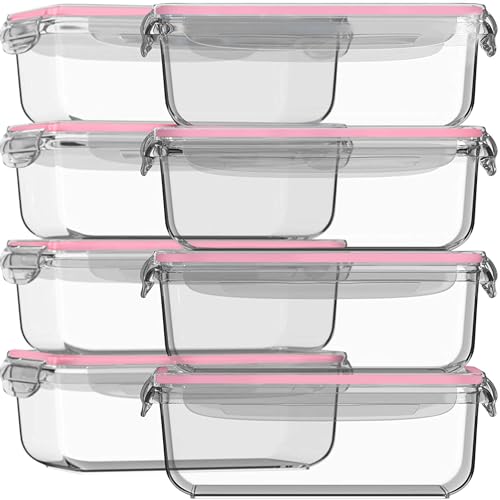 Razab 16 Pc (Set of 8) 30 Oz Glass Meal Prep Containers with Lids, Airtight Large Glass Food Storage Containers, Reusable Leak Proof BPA Free, Freezer to Oven and Dishwasher Safe - color: Pink