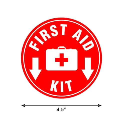 (Set of 5) First Aid Kit Sign Red | 4.5" Circle | 4 Mil Vinyl - LAMINATED For Ultimate Protection & Durability - Self Adhesive Decal - UV Protected & Weatherproof - Heavy Duty