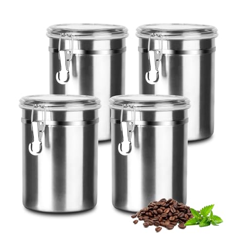 Coffee Canister 4 Pcs Stainless Steel Food Container with Clear Lids Airtight Container Stackable Canisters Kitchen Pantry Storage for Cereal, Snacks, Candy, Herbs, Spices, Sugar, Tea (1.8L Silver-4) - color: 1.8L Silver-4