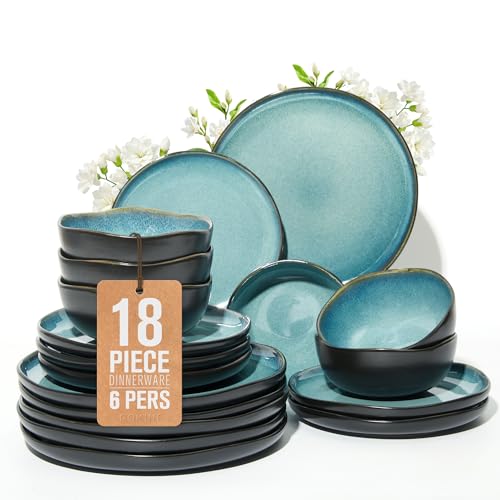 Pokini Stoneware Dinnerware Sets for 6, 18Pcs Ceramic Plates and Bowls Sets - color: Green Black, size: Set (18pcs)