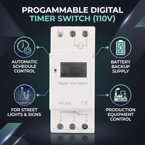 YWBL-WH DIN Rail Timer Switch, 30A LCD Programmable Multi-Voltage