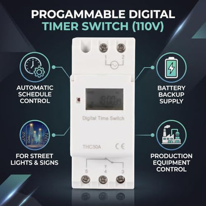 YWBL-WH DIN Rail Timer Switch, 30A LCD Programmable Multi-Voltage