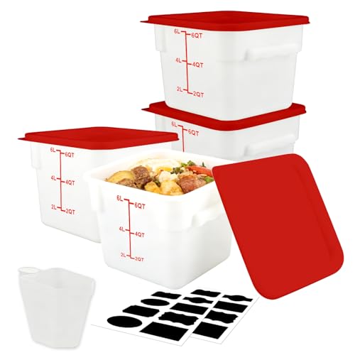 Square Food Containers with Lids 4-Pack, Commercial Grade Plastic Bins for Restaurant Kitchen Pantry Storage, Freezer & Dishwasher Safe (Red, 6QT-4PACK) - size: 6QT-4PACK