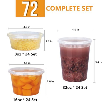 72 Sets (144-Piece) Deli Containers with Lids, 32/16/8 oz X 24 Set Each - size: 32/16/8 oz X 24 Set