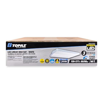 Topaz LHB-30L-W-PCS-U LED Linear High Bay Light 18 Inch - White, Power Select 120-277V, CCT Select 3500K/4000K/5000K, 18500-30000 Lumens, Aluminum Body, CRI 80, Sensor Ready, 50000 Hour LED Light