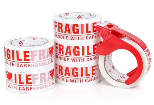 BOMEI PACK 6 Rolls Fragile Tape 2 Inch x 180 Feet (60 Yards) - Handle with Care Marking Tape, Fragile Packing Tape with Dispenser - Heavy Duty Fragiles Tape for Shipping and Moving Boxes