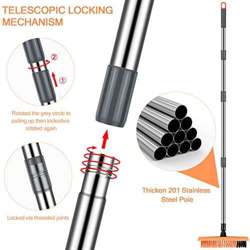 2 in 1 Floor Brush Scrubber with Long Handle Telescopic 3 Poles 61.8'' Grout Brush Scrape Stiff Bristle Cleaning Scrub Brush with Squeegee 180°Rotating Tile Brush for Cleaning Bathroom Glass Patio - color: Dark Orange Extended Pole