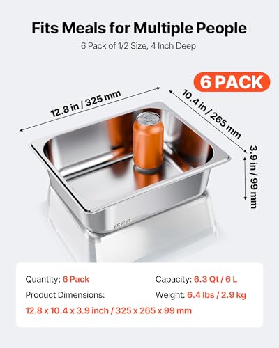 VEVOR 6 Pack Stainless Steam Hotel Pans, 1/2 Size Table Steam Pan, 4 Inch Deep Anti Jam Restaurant Supplies Reusable Rustproof Catering Storage for Home, Party, Restaurant, Hotel, Buffet - size: 1/2 Size, style: 4 Inch Deep
